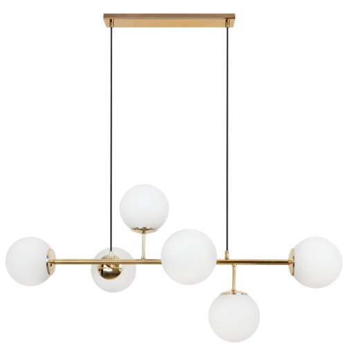 Lampa sufitowa wisząca SIENA, złoty żyrandol w stylu glamour, szklane białe kule, nad stół i wyspę