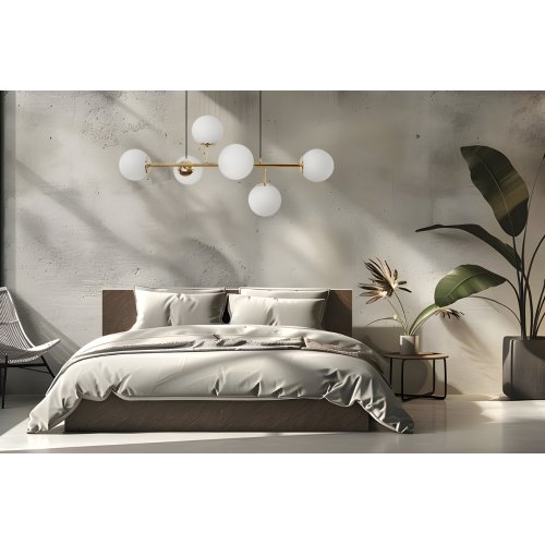 Lampa sufitowa wisząca SIENA, złoty żyrandol w stylu glamour, szklane białe kule, nad stół i wyspę