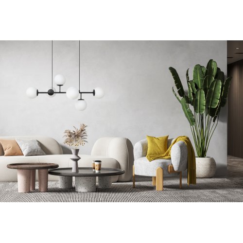 Lampa sufitowa wisząca SIENA, długi czarny żyrandol z białymi szklanymi kulami, styl loft, 6 źródeł