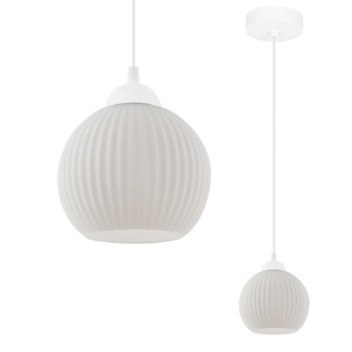 Lampa sufitowa wisząca RIFFLE, pojedyncza, biała ryflowana kula do salonu, kuchni, jadalni, 14cm