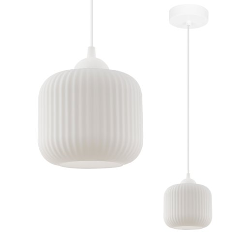 Lampa wisząca żyrandol RIFFLE, biały szklany klosz w kształcie walca, biała konstrukcja, 15cm średnicy