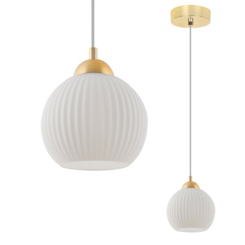 Lampa sufitowa żyrandol RIFFLE, biała ryflowana kula ze złotymi dodatkami w stylu glamour, 14cm