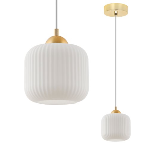 Lampa wisząca RIFFLE, sufitowa, pojedyncza, biały szklany klosz walec ze złotymi dodatkami, E27