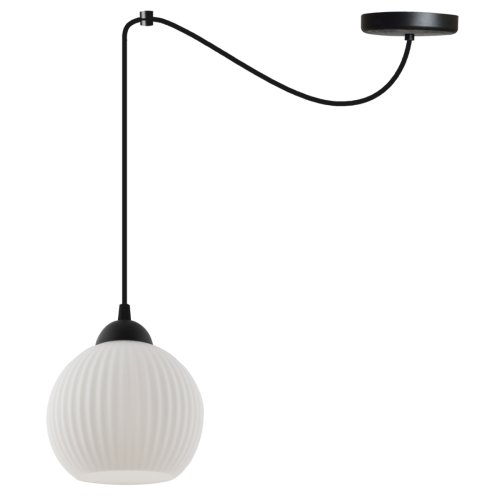 Lampa sufitowa wisząca pająk RIFFLE, czarna konstrukcja z białym ryflowanym kloszem kulą, 1 źródło