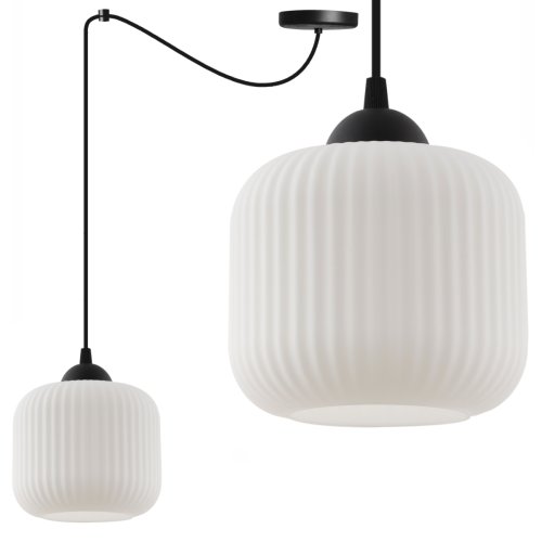 Lampa wisząca żyrandol RIFFLE, pojedyncza, czarny pająk loft z białym kloszem ze szkła, nad stół i wyspę