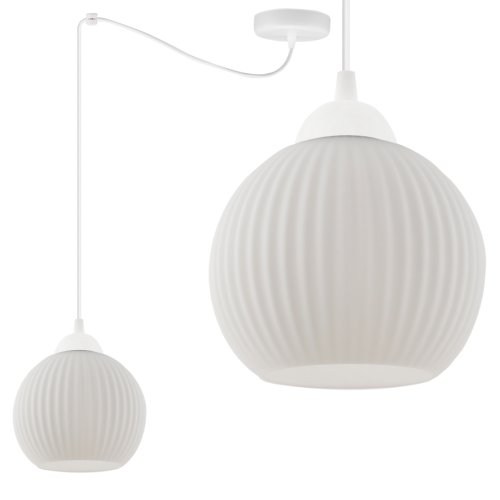 Lampa sufitowa żyrandol pająk RIFFLE, styl loftowy, biała konstrukcja, szklana kula, nad stół i wyspę