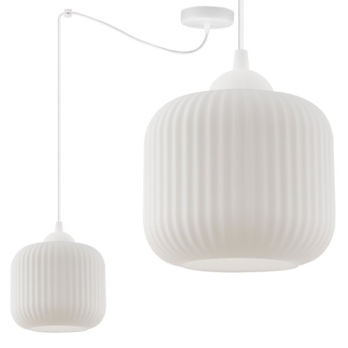Lampa wisząca typu pająk RIFFLE, sufitowa, pojedyncza, biały szklany walec o ryflowanej strukturze