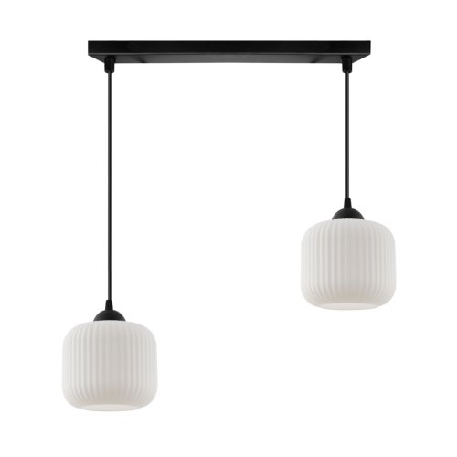 Lampa wisząca żyrandol RIFFLE, podwójna listwa z białymi szklanymi kloszami w stylu glamour, E27