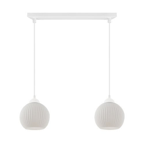 Lampa sufitowa żyrandol RIFFLE, podwójna, białe szklane ryflowane klosze kule, nad stół i wyspę