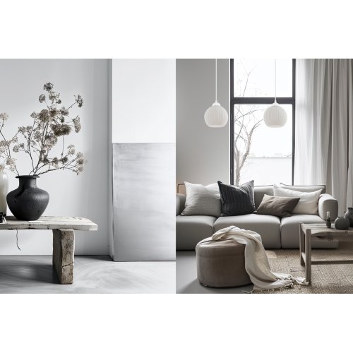 Lampa sufitowa żyrandol RIFFLE, podwójna, białe szklane ryflowane klosze kule, nad stół i wyspę