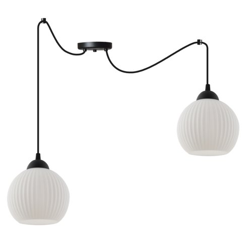 Lampa sufitowa wisząca pająk loft RIFFLE, biała ryflowana kula, 2 źródła światła, do salonu i jadalni