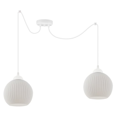 Lampa sufitowa żyrandol pająk RIFFLE, podwójna, dwie białe szklane kule o ryflowanej strukturze, glamour