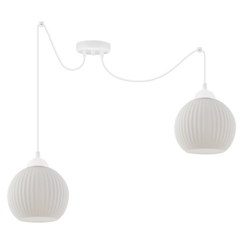 Lampa sufitowa żyrandol pająk RIFFLE, podwójna, dwie białe szklane kule o ryflowanej strukturze, glamour