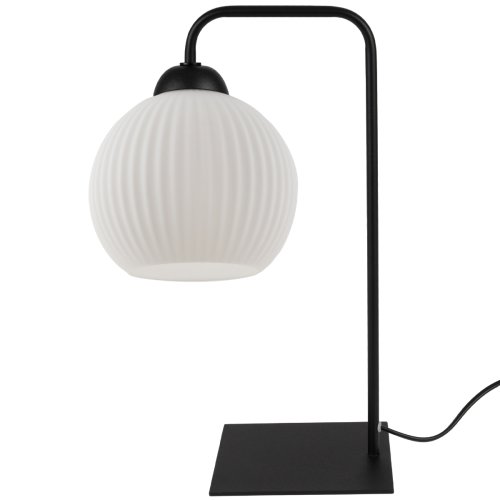 Lampa stołowa stojąca RIFFLE, czarna konstrukcja, biała szklana kula glamour, jedno źródło światła