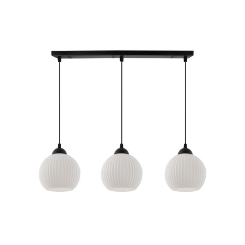 Lampa sufitowa wisząca RIFFLE, czarny potrójny żyrandol z białymi szklanymi kulami, styl glamour