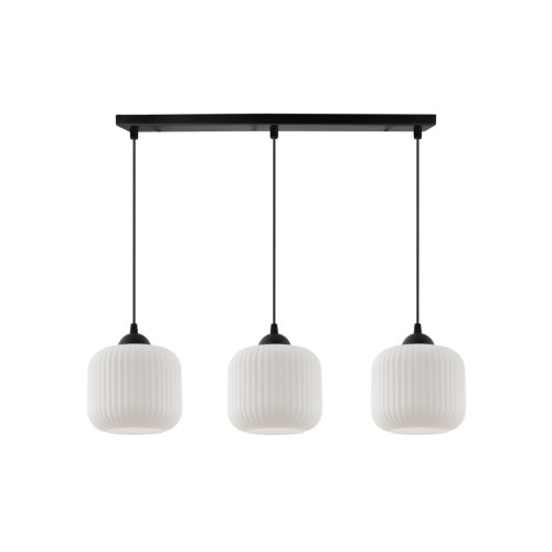 Lampa wisząca żyrandol RIFFLE, potrójna czarna listwa ze szklanymi białymi kloszami, do kuchni i salonu