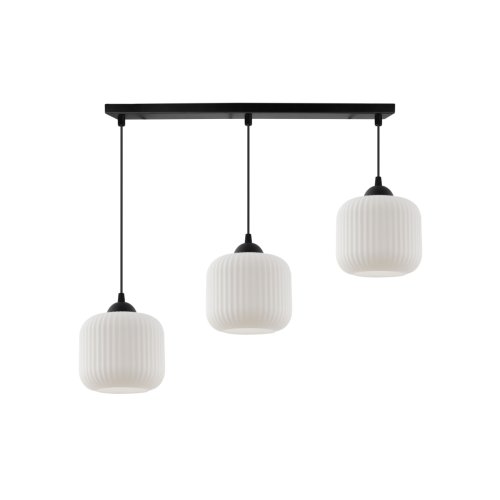 Lampa wisząca żyrandol RIFFLE, potrójna czarna listwa ze szklanymi białymi kloszami, do kuchni i salonu