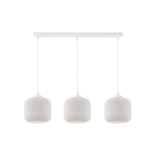 Lampa wisząca RIFFLE, sufitowa, potrójna, biała konstrukcja, szklane walce o ryflowanej powierzchni, 15cm