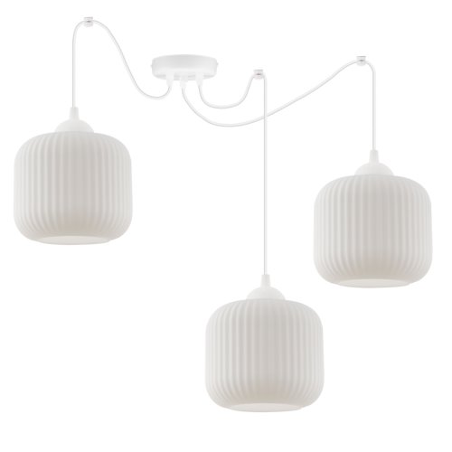 Lampa wisząca RIFFLE, sufitowa, biały klosz walec o ryflowanej strukturze, pająk do jadalni, salonu, kuchni