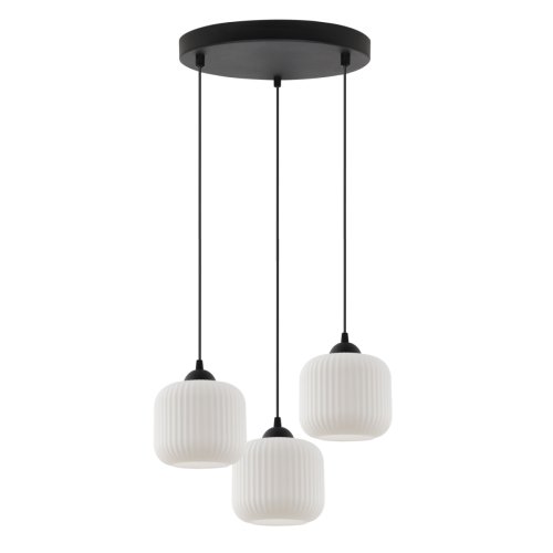 Lampa wisząca żyrandol RIFFLE, potrójna listwa ze szklanymi kloszami w białym kolorze, styl glamour