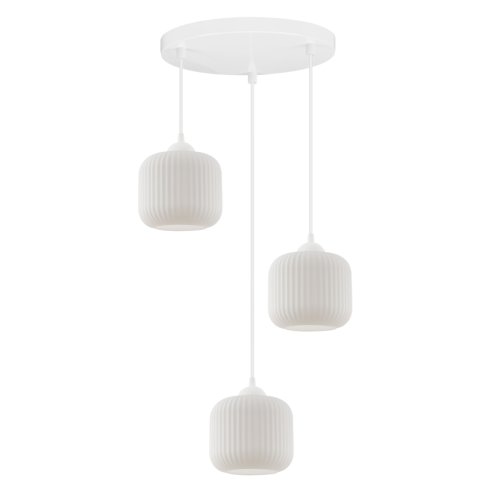 Lampa wisząca RIFFLE, sufitowa, potrójna, białe szklane walce o ryflowanej strukturze, nowoczesne