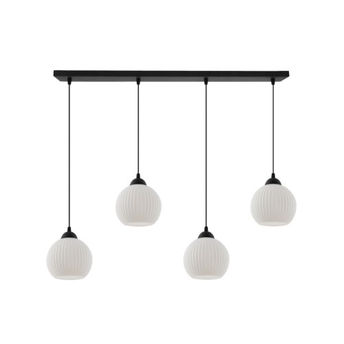Lampa sufitowa wisząca RIFFLE, czarna konstrukcja, białe szklane kule 14cm, na 4 żarówki