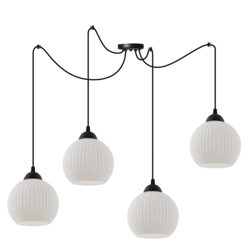 Lampa sufitowa wisząca RIFFLE, czarny pająk loft z 4 szklanymi kulami o ryflowanej powierzchni, E27