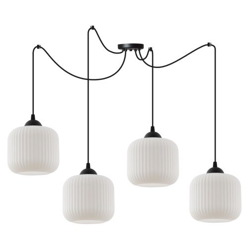 Lampa wisząca żyrandol RIFFLE, białe szklane klosze w kształcie walca, styl glamour, nad stół i sofę