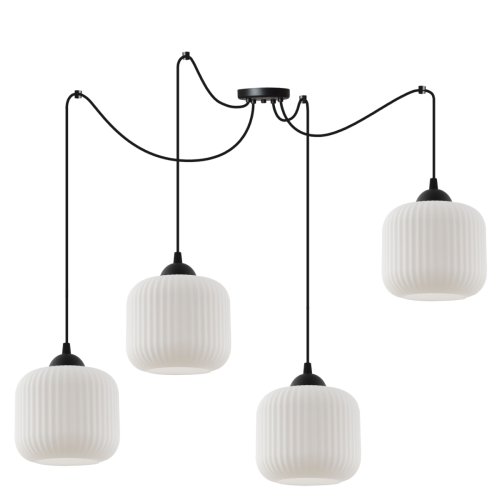 Lampa wisząca żyrandol RIFFLE, białe szklane klosze w kształcie walca, styl glamour, nad stół i sofę