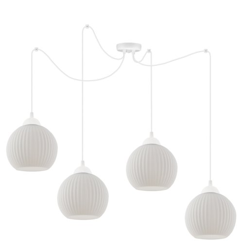 Lampa sufitowa żyrandol typu pająk RIFFLE, kolor biały, szklane kuliste klosze, 14cm średnicy