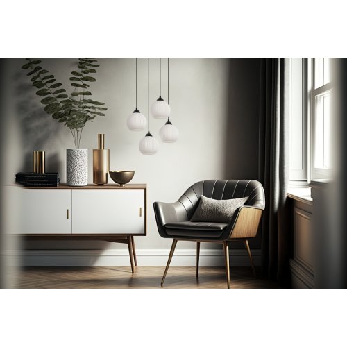 Lampa sufitowa wisząca RIFFLE, czarna konstrukcja, białe szklane kule 14cm, na 4 żarówki