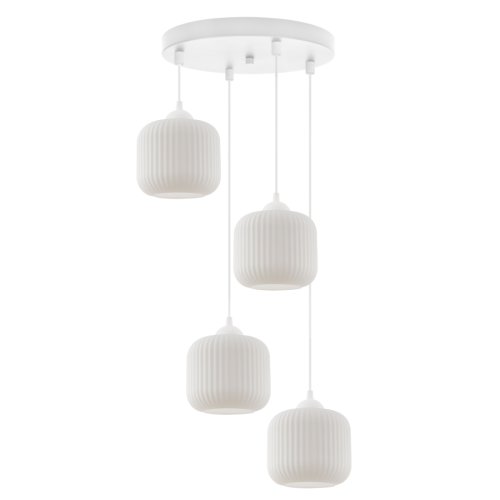 Lampa wisząca RIFFLE, sufitowa, biała konstrukcja, szklane klosze w kształcie walca, 4-płomienna