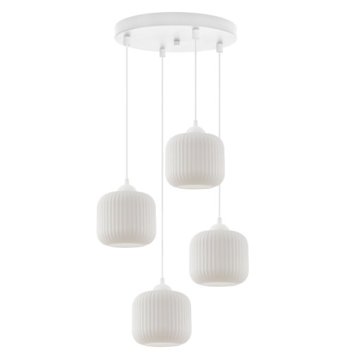 Lampa wisząca RIFFLE, sufitowa, biała konstrukcja, szklane klosze w kształcie walca, 4-płomienna