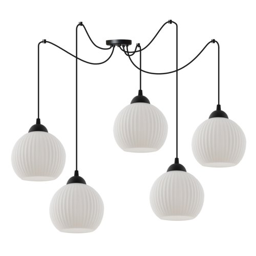 Lampa sufitowa wisząca typu pająk RIFFLE, styl loftowy, 5 białych szklanych kul o średnicy 14cm