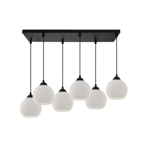 Lampa sufitowa wisząca RIFFLE, sześć białych kloszy na czarnej listwie, styl glamour, nad stół i wyspę