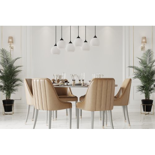 Lampa sufitowa wisząca RIFFLE, sześć białych kloszy na czarnej listwie, styl glamour, nad stół i wyspę