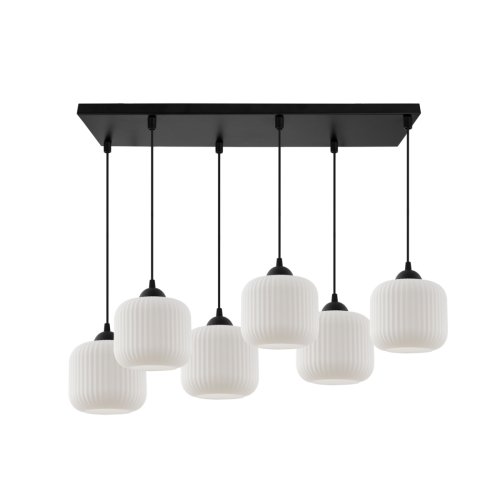 Lampa wisząca żyrandol glamour RIFFLE, biały klosz walec o ryflowanej strukturze, 6 źródeł światła