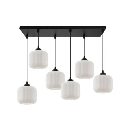 Lampa wisząca żyrandol glamour RIFFLE, biały klosz walec o ryflowanej strukturze, 6 źródeł światła