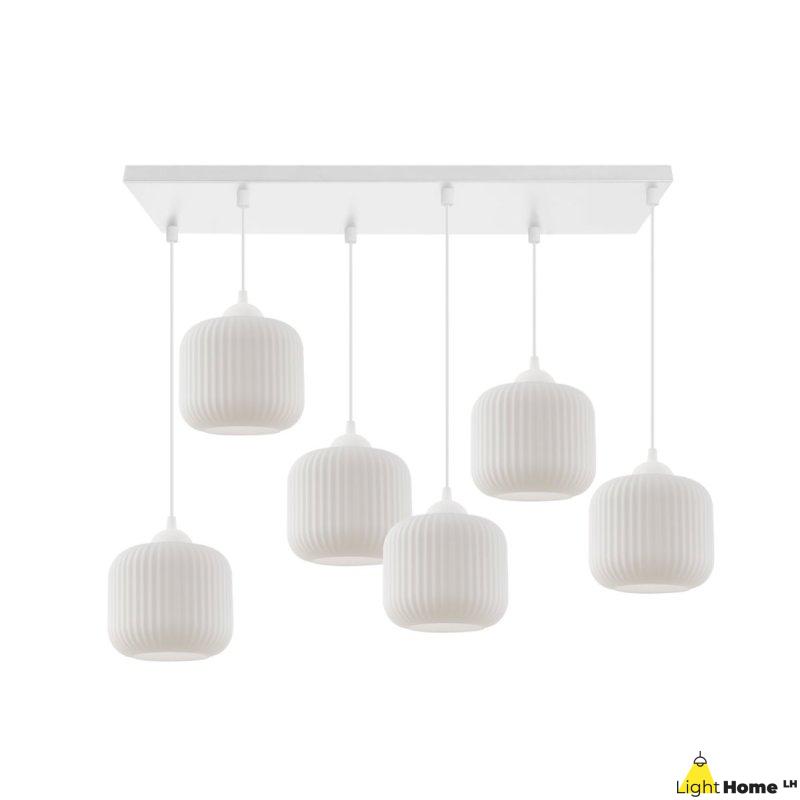 Lampa wisząca żyrandol RIFFLE, biała konstrukcja, 6 źródeł światła, szklane walce, nad stół i wyspę