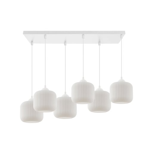 Lampa wisząca żyrandol RIFFLE, biała konstrukcja, 6 źródeł światła, szklane walce, nad stół i wyspę