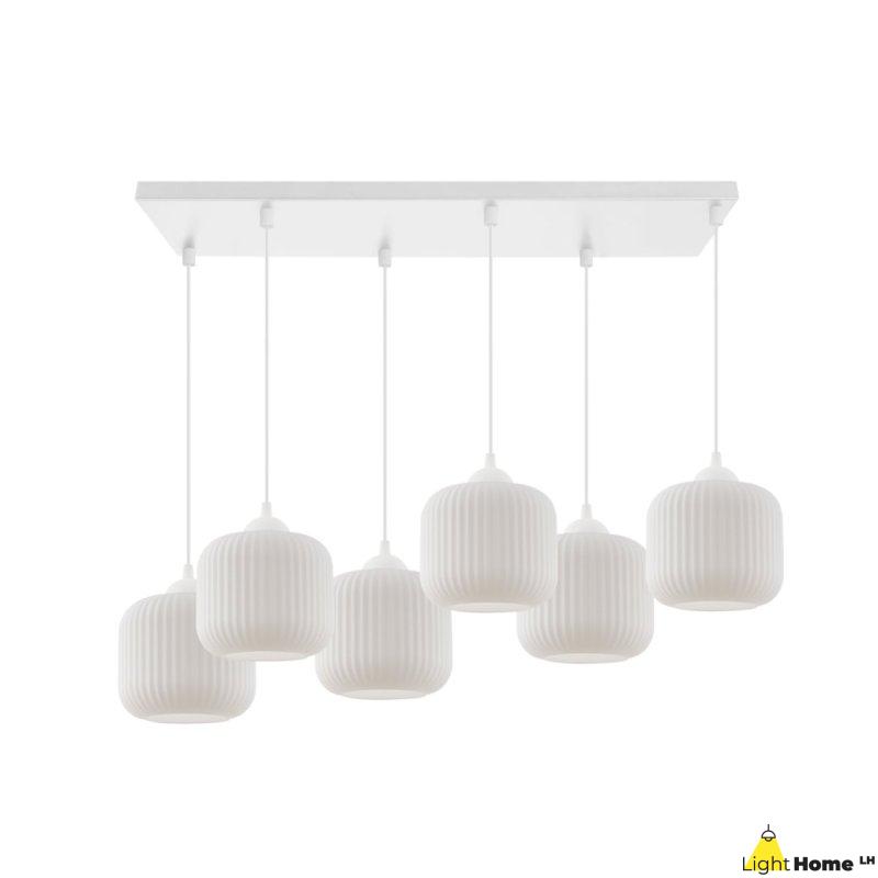 Lampa wisząca żyrandol RIFFLE, biała konstrukcja, 6 źródeł światła, szklane walce, nad stół i wyspę