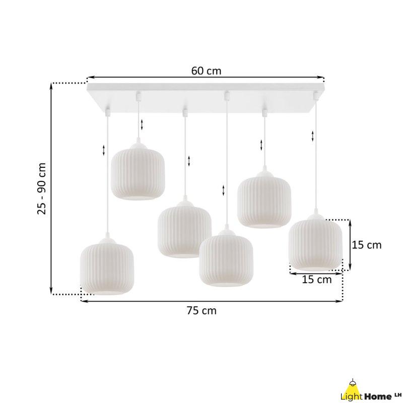 Lampa wisząca żyrandol RIFFLE, biała konstrukcja, 6 źródeł światła, szklane walce, nad stół i wyspę