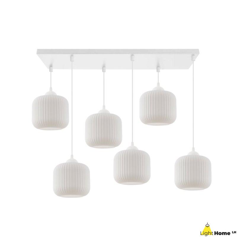 Lampa wisząca żyrandol RIFFLE, biała konstrukcja, 6 źródeł światła, szklane walce, nad stół i wyspę
