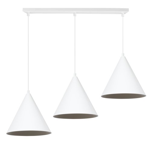 Lampa wisząca sufitowa SOHO, styl nowoczesny, trzy metalowe stożki na białej listwie, E27