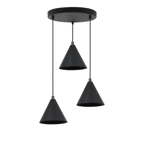 Lampa sufitowa wisząca SOHO, czarna konstrukcja, trzy klosze w kształcie stożków, do kuchni, jadalni