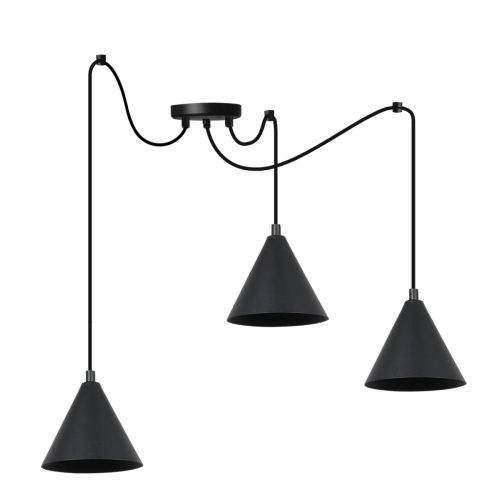 Lampa sufitowa wisząca typu pająk SOHO, styl loft, czarne klosze w kształcie stożków, 3 źródła