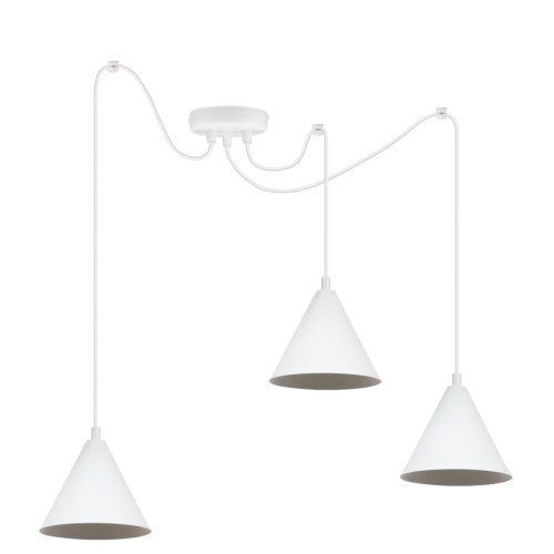Lampa sufitowa wisząca pająk loft SOHO, potrójna, biała konstrukcja ze stożkowymi kloszami