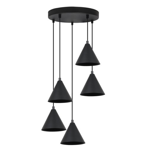 Lampa wisząca żyrandol SOHO, czarna okrągła listwa z pięcioma stożkami 14cm, do kuchni, łazienki