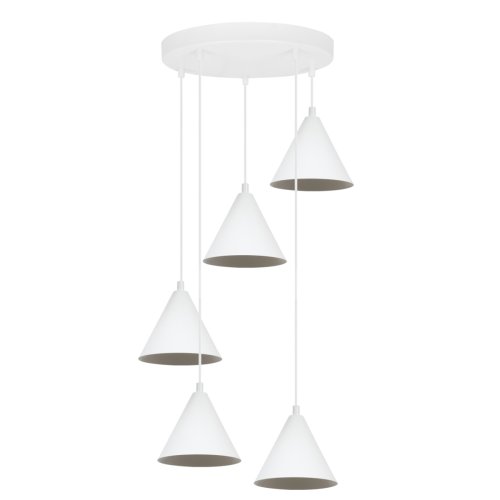 Lampa sufitowa wisząca SOHO, biała metalowa konstrukcja, 5 stożków w stylu loft, do kuchni, salonu