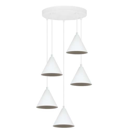 Lampa sufitowa wisząca SOHO, biała metalowa konstrukcja, 5 stożków w stylu loft, do kuchni, salonu